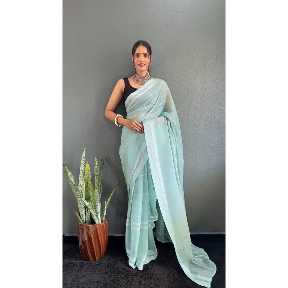 Women's Chiffon Striped Ready to wear Saree With Unstitched Blouse 5.5 Mtr (Sky)