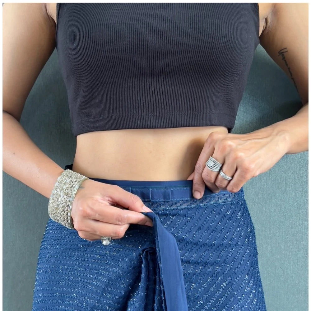 Women's Chiffon Solid Ready to wear Saree With Unstitched Blouse 5.5 Mtr (Blue )