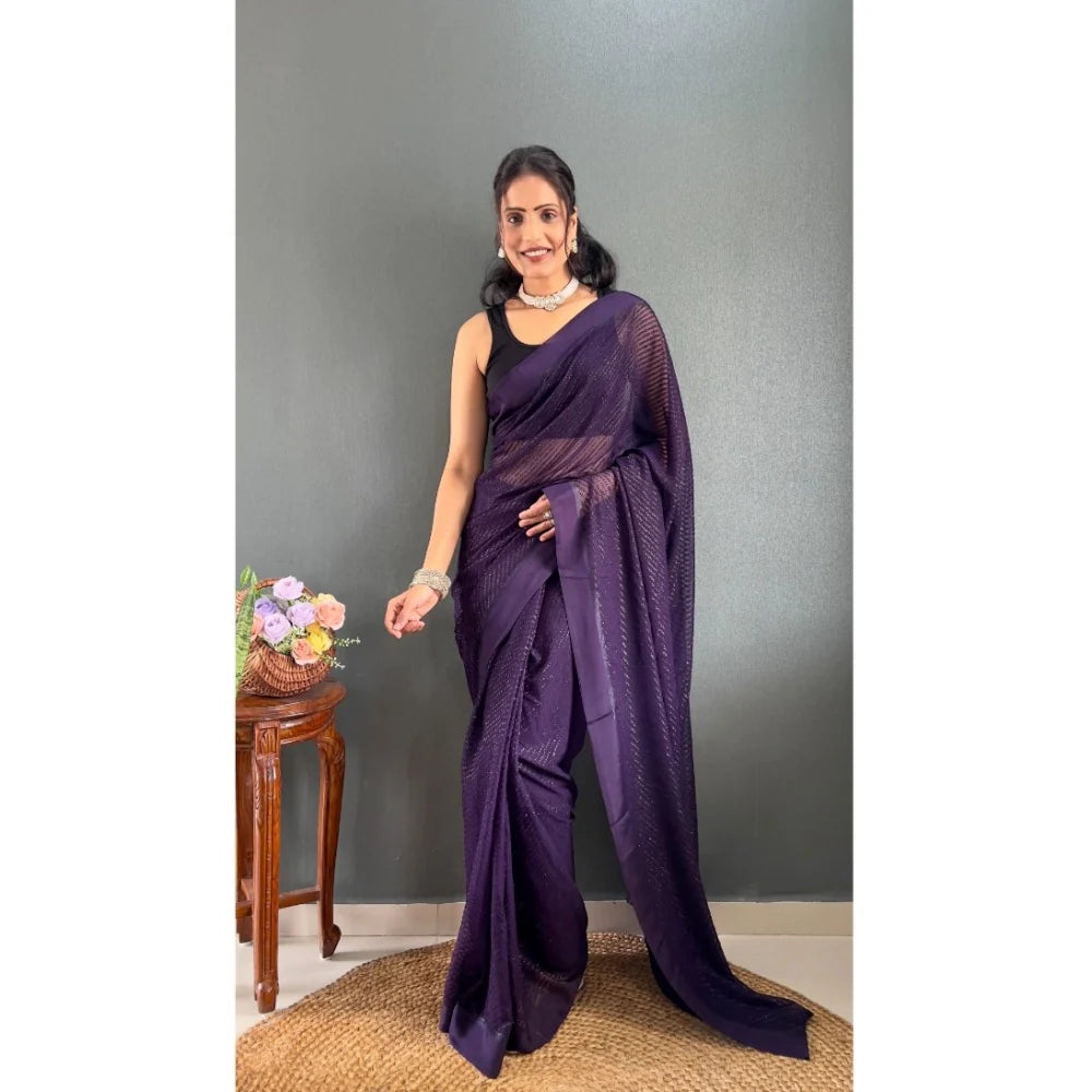 Women's Chiffon Solid Ready to wear Saree With Unstitched Blouse 5.5 Mtr (Purple)