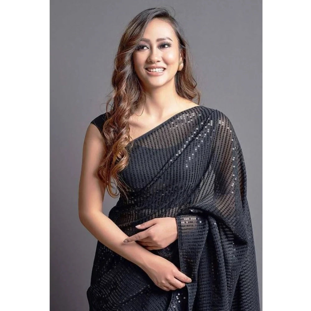 Women's Georgette Embellished Sequnece Bollywood Saree With Unstitched Blouse 5.5Mtr (Black)