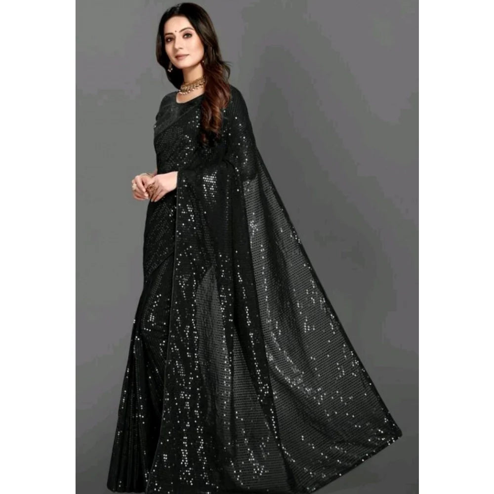 Women's Georgette Embellished Sequnece Bollywood Saree With Unstitched Blouse 5.5Mtr (Black)