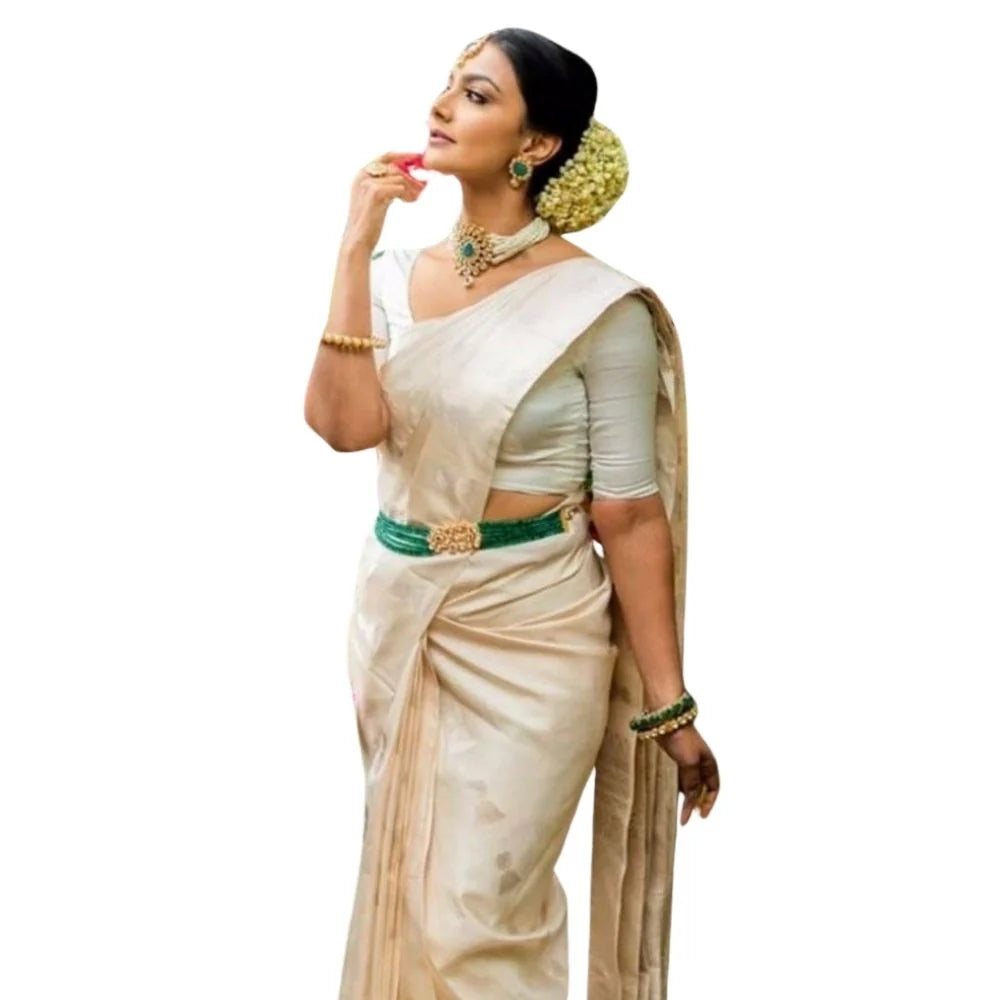 Women's Silk Printed Saree With Unstitched Blouse 5.5Mtr (White)