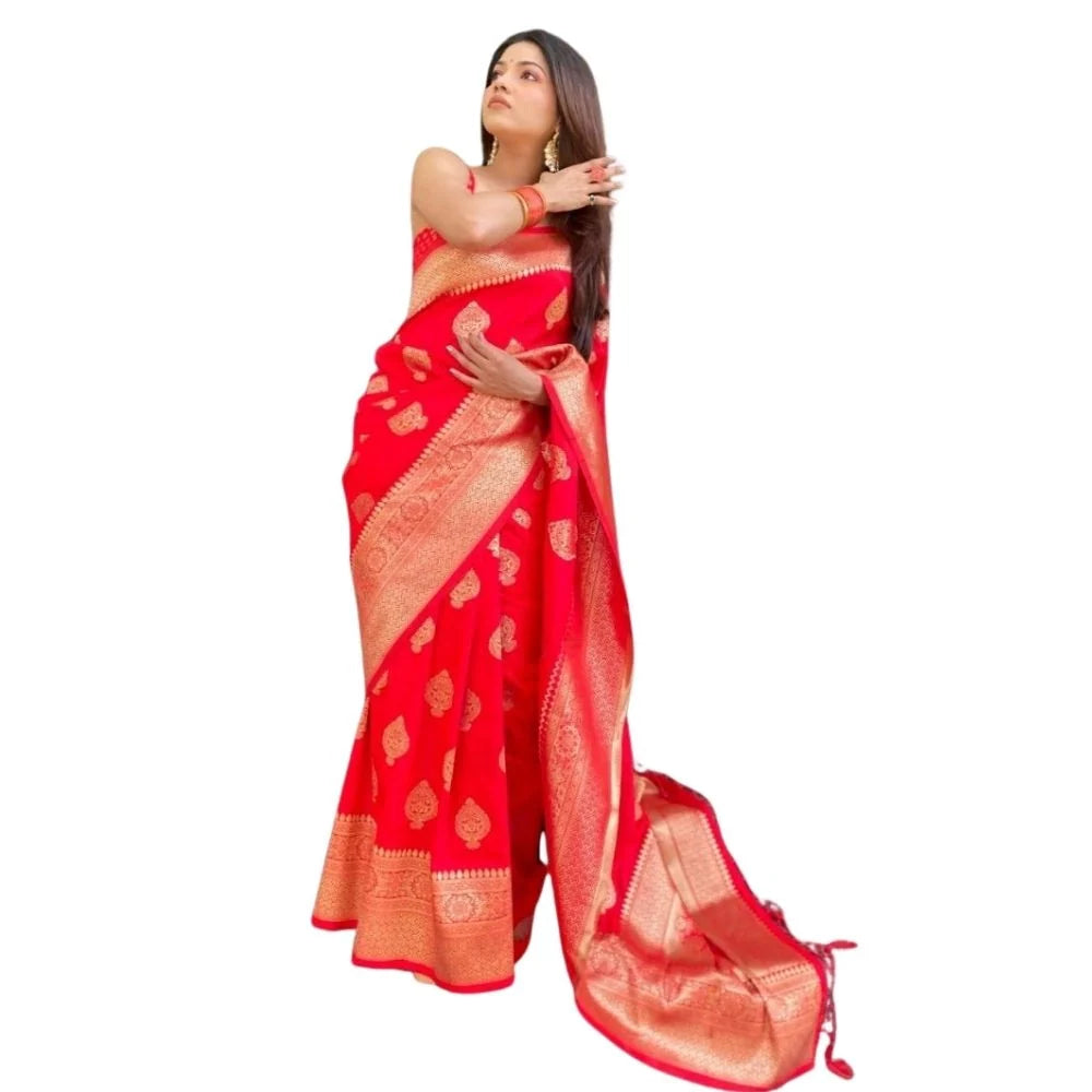 Women's Silk Printed Saree With Unstitched Blouse 5.5Mtr (Red)