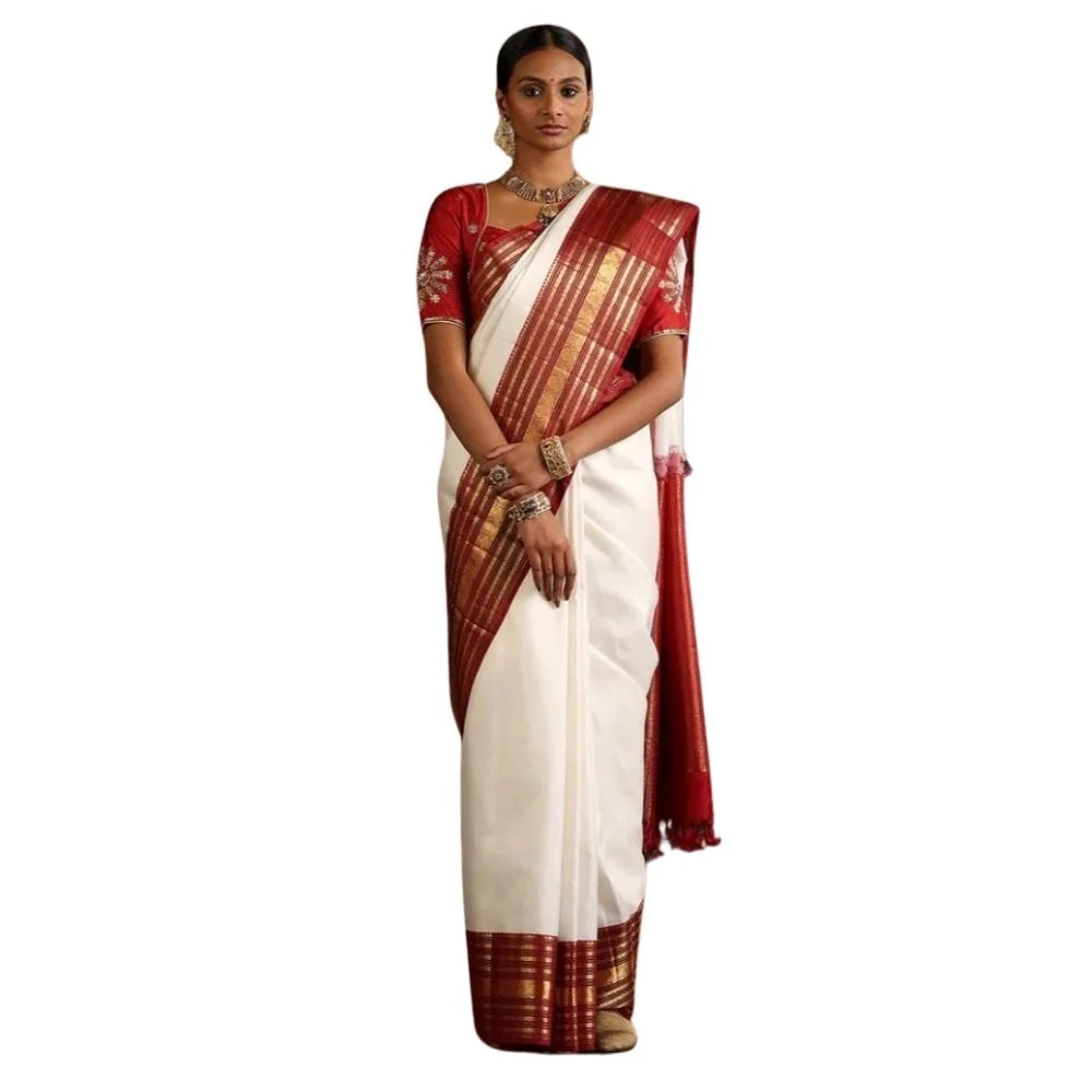 Women's Silk Printed Saree With Unstitched Blouse 5.5Mtr (White-Maroon)