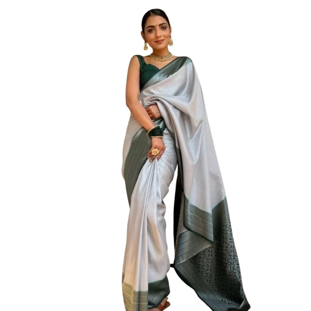 Women's Silk Printed Saree With Unstitched Blouse 5.5Mtr (Grey)