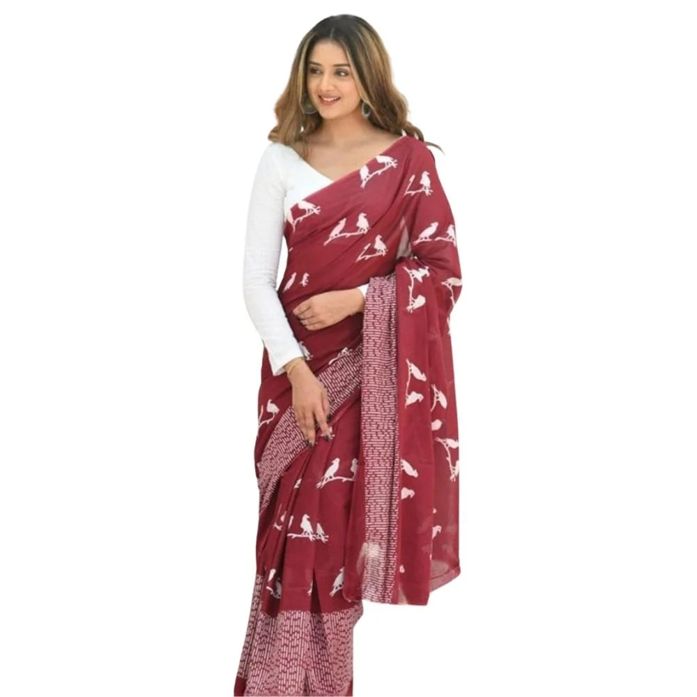 Women's Silk Printed Saree With Unstitched Blouse 5.5Mtr (Maroon)
