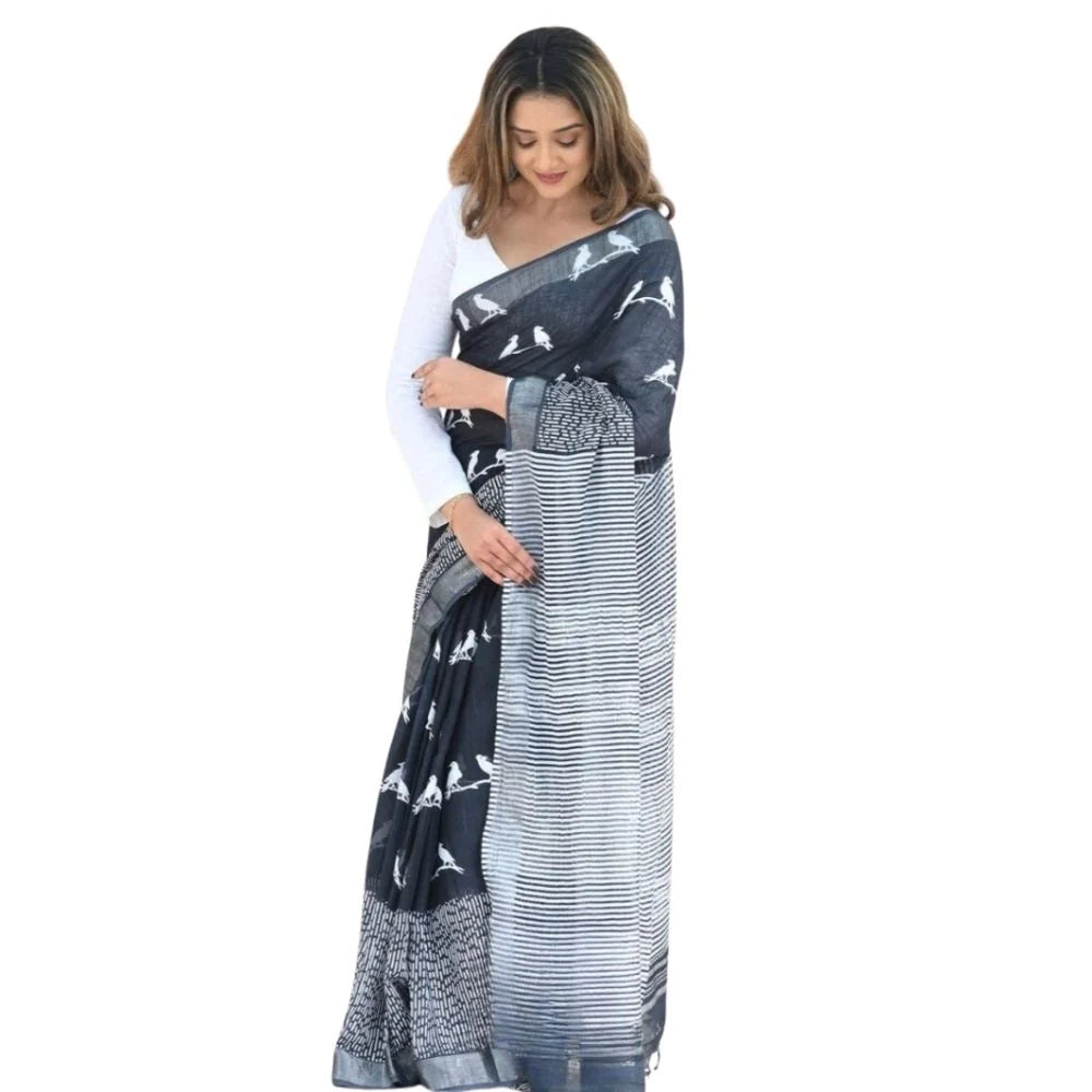 Women's Silk Printed Saree With Unstitched Blouse 5.5Mtr (Black)