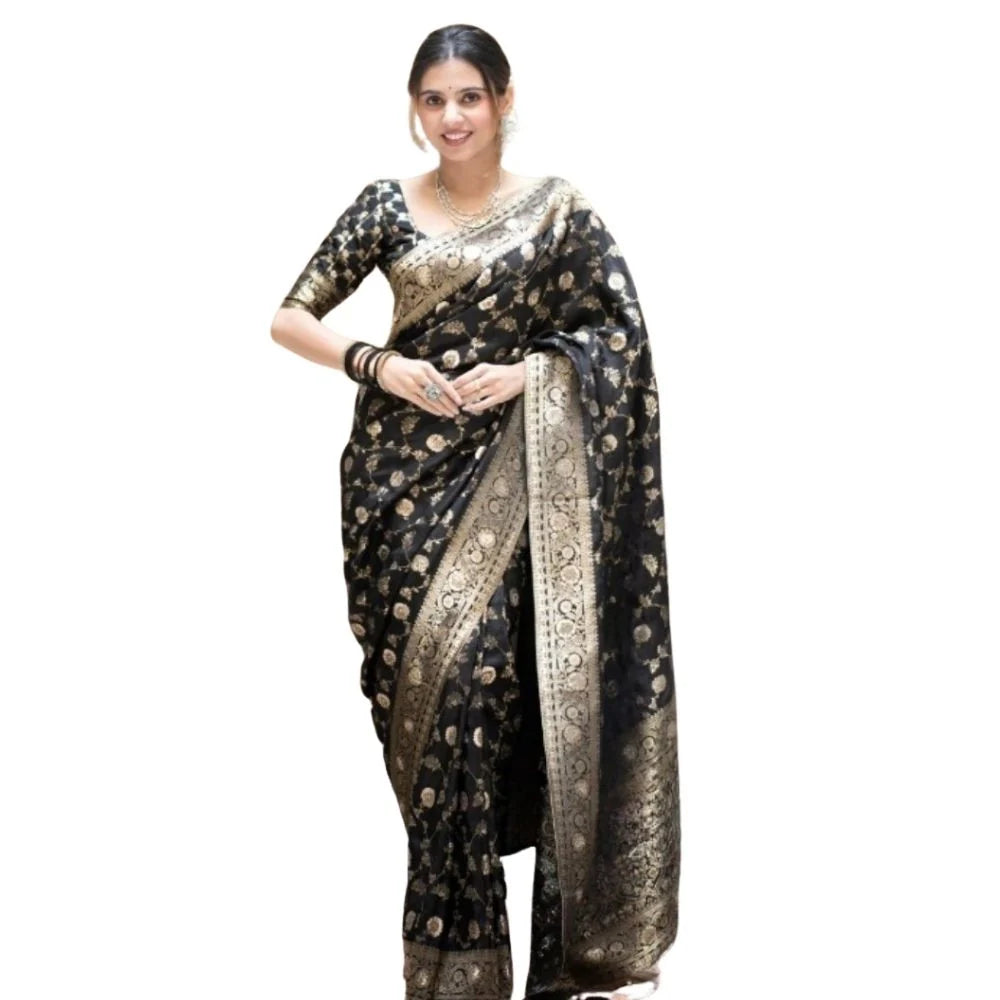 Women's Silk Printed Saree With Unstitched Blouse 5.5Mtr (Black)