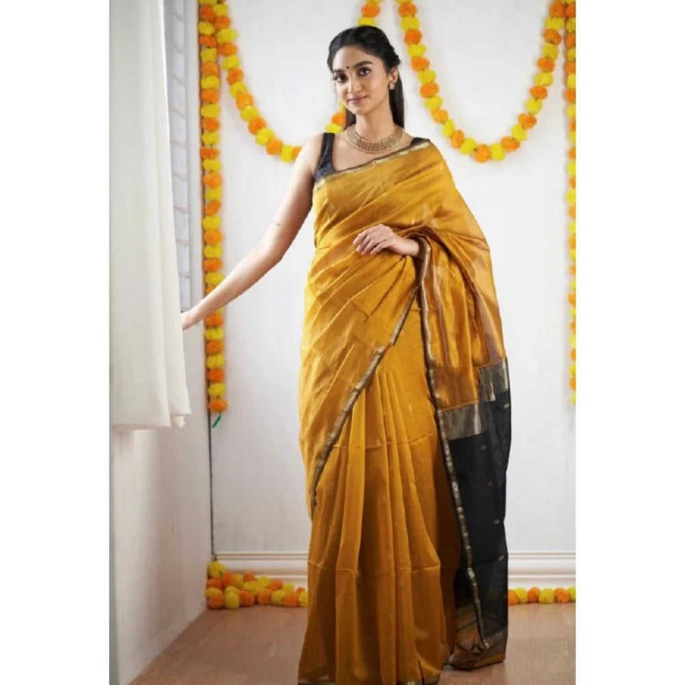 Women's Cotton  Printed Saree With Unstitched Blouse 5.5Mtr (Yellow)