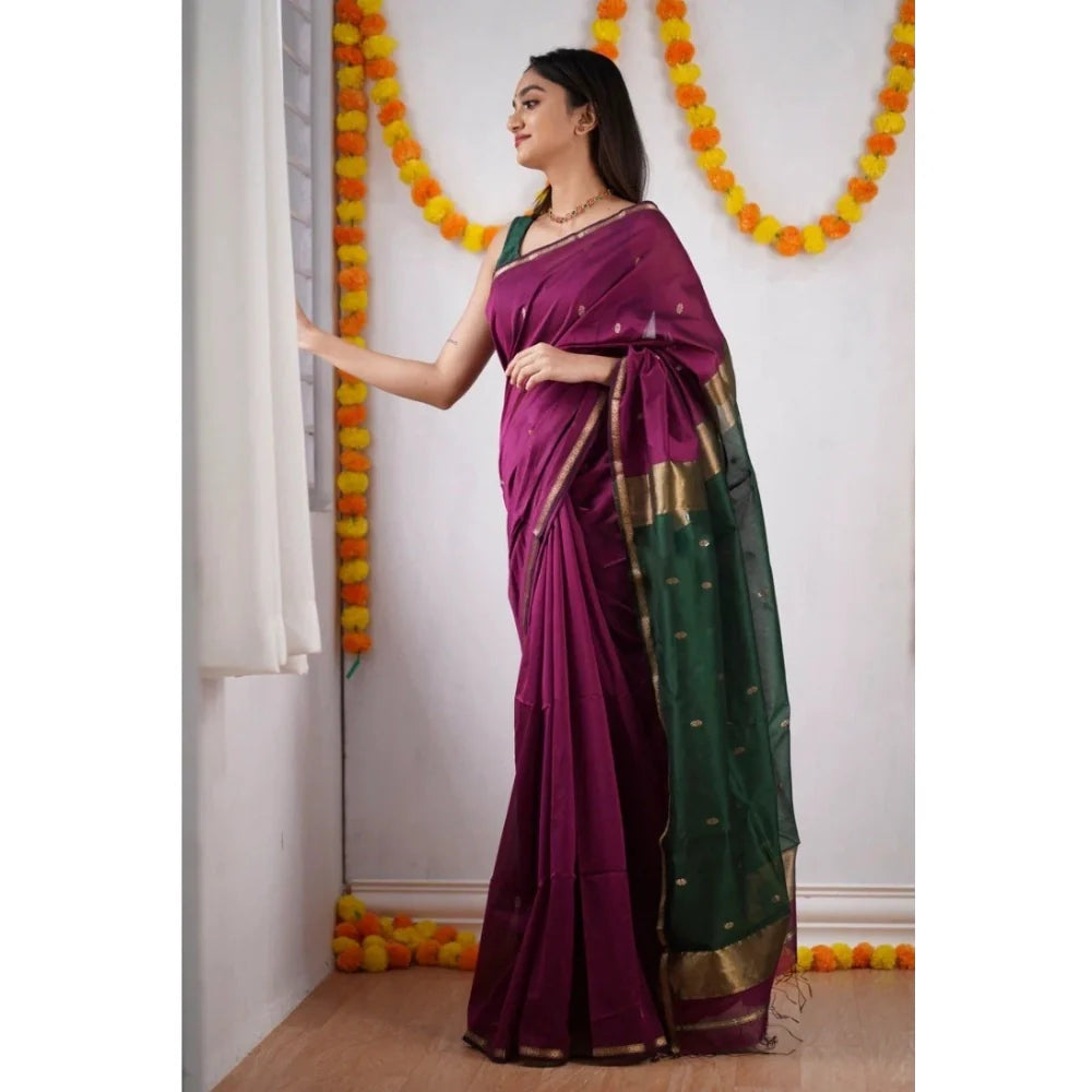 Women's Cotton  Printed Saree With Unstitched Blouse 5.5Mtr (Wine)