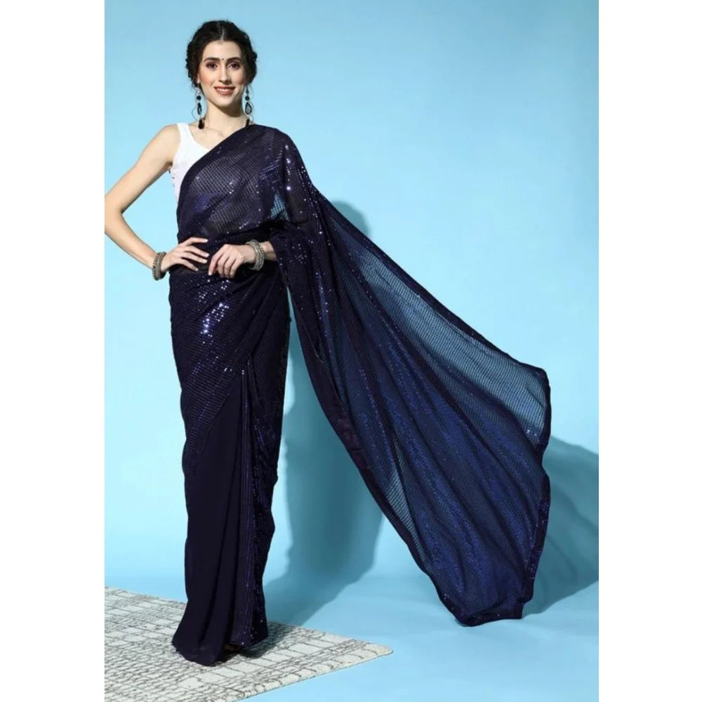 Women's Georgette Embellished Sequnece Bollywood Saree With Unstitched Blouse 5.5Mtr (Blue)