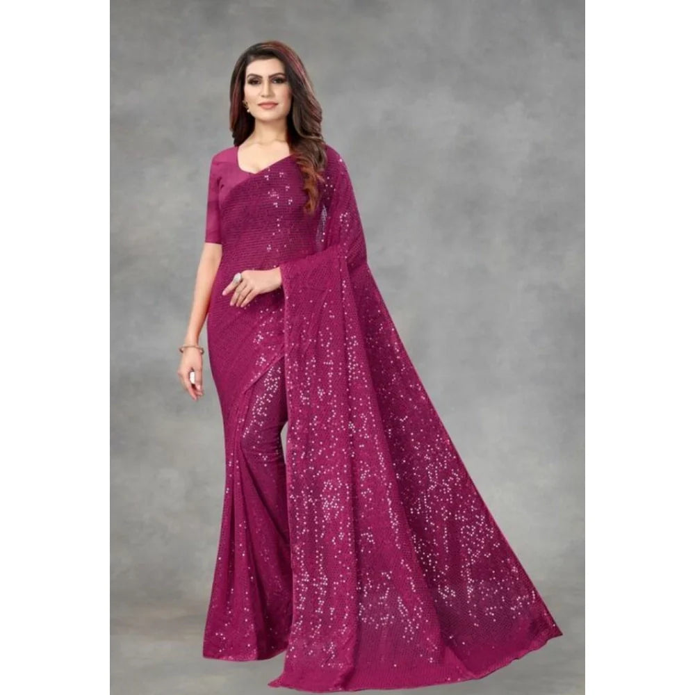 Women's Georgette Embellished Sequnece Bollywood Saree With Unstitched Blouse 5.5Mtr (Purple)