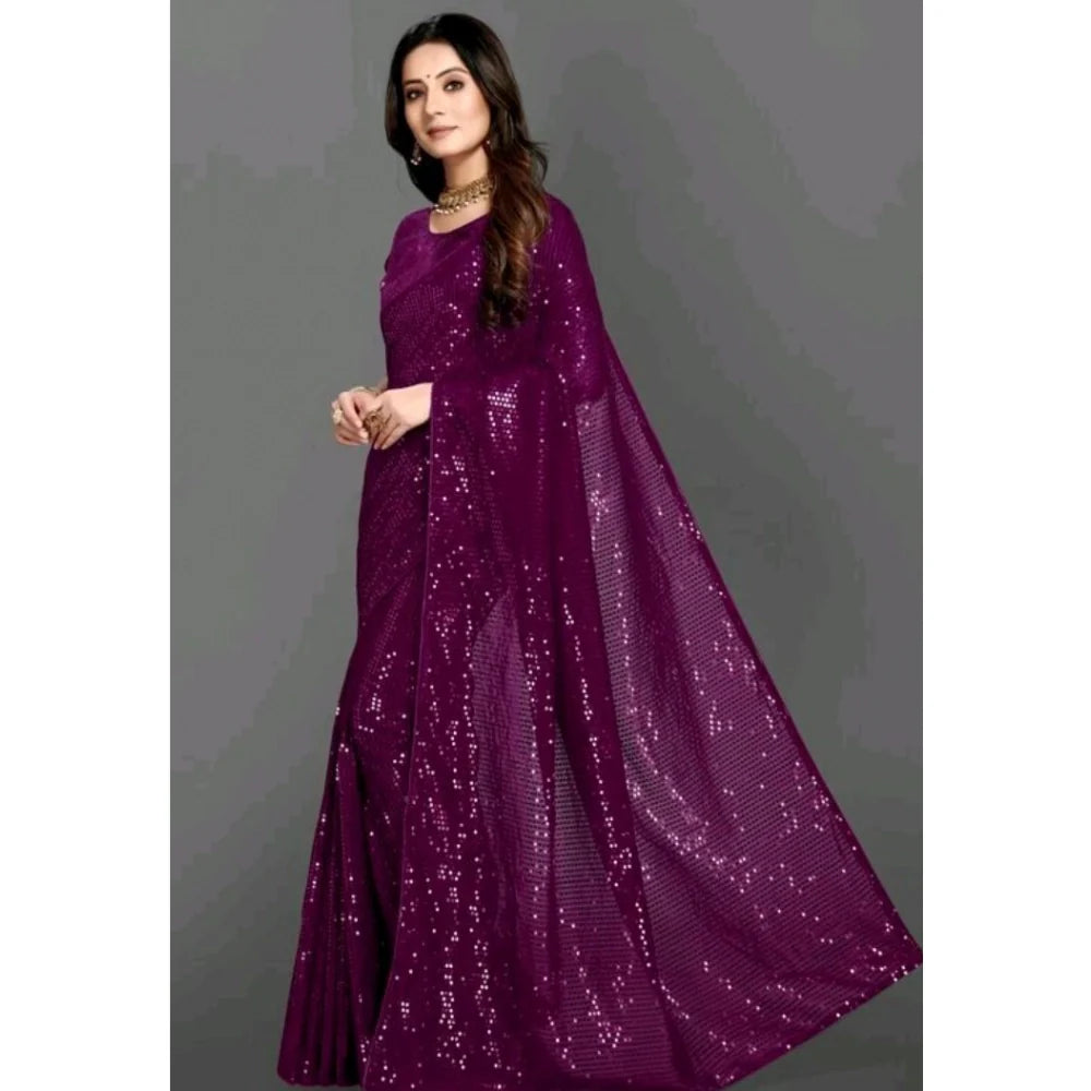 Women's Georgette Embellished Sequnece Bollywood Saree With Unstitched Blouse 5.5Mtr (Purple)