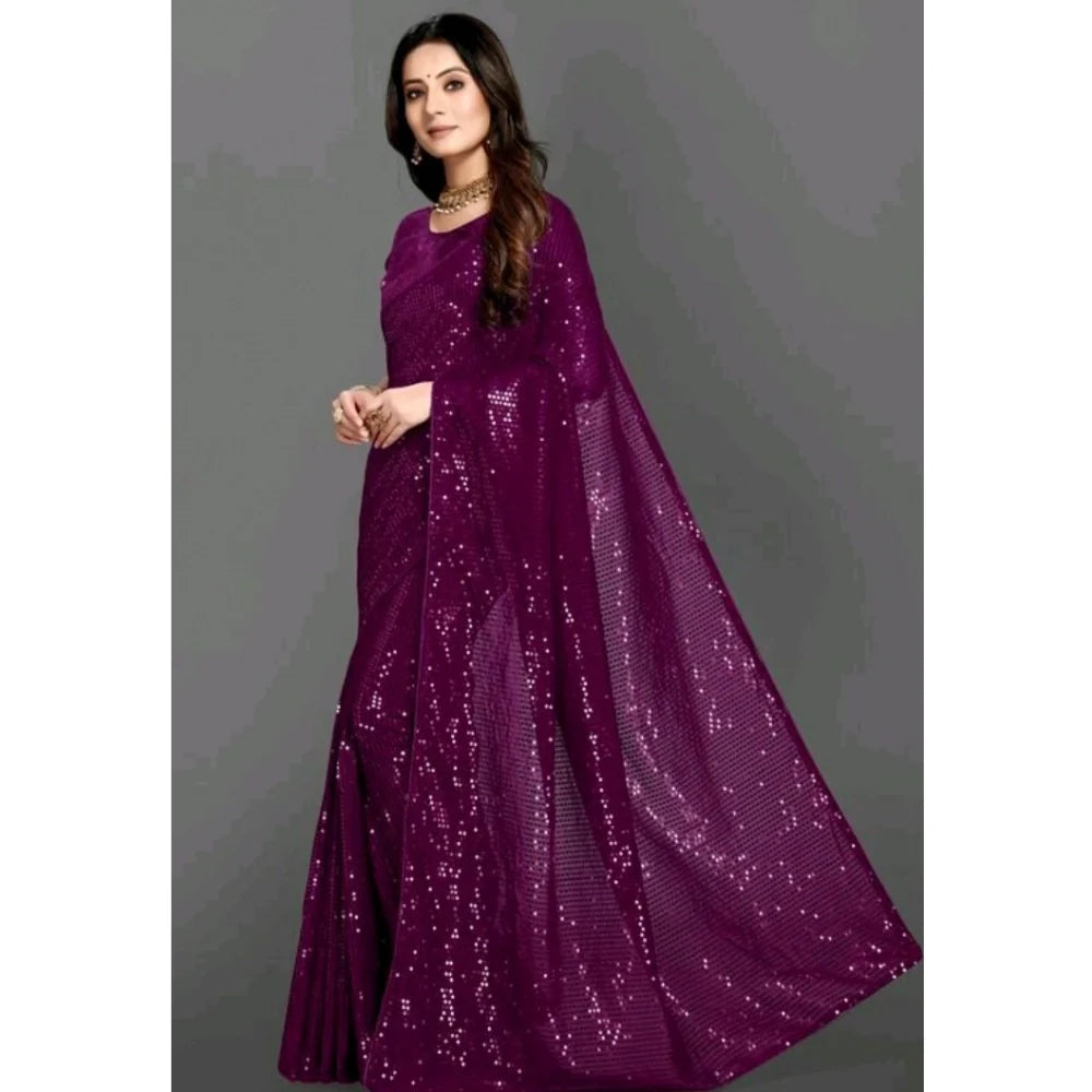 Women's Georgette Embellished Sequnece Bollywood Saree With Unstitched Blouse 5.5Mtr (Purple)