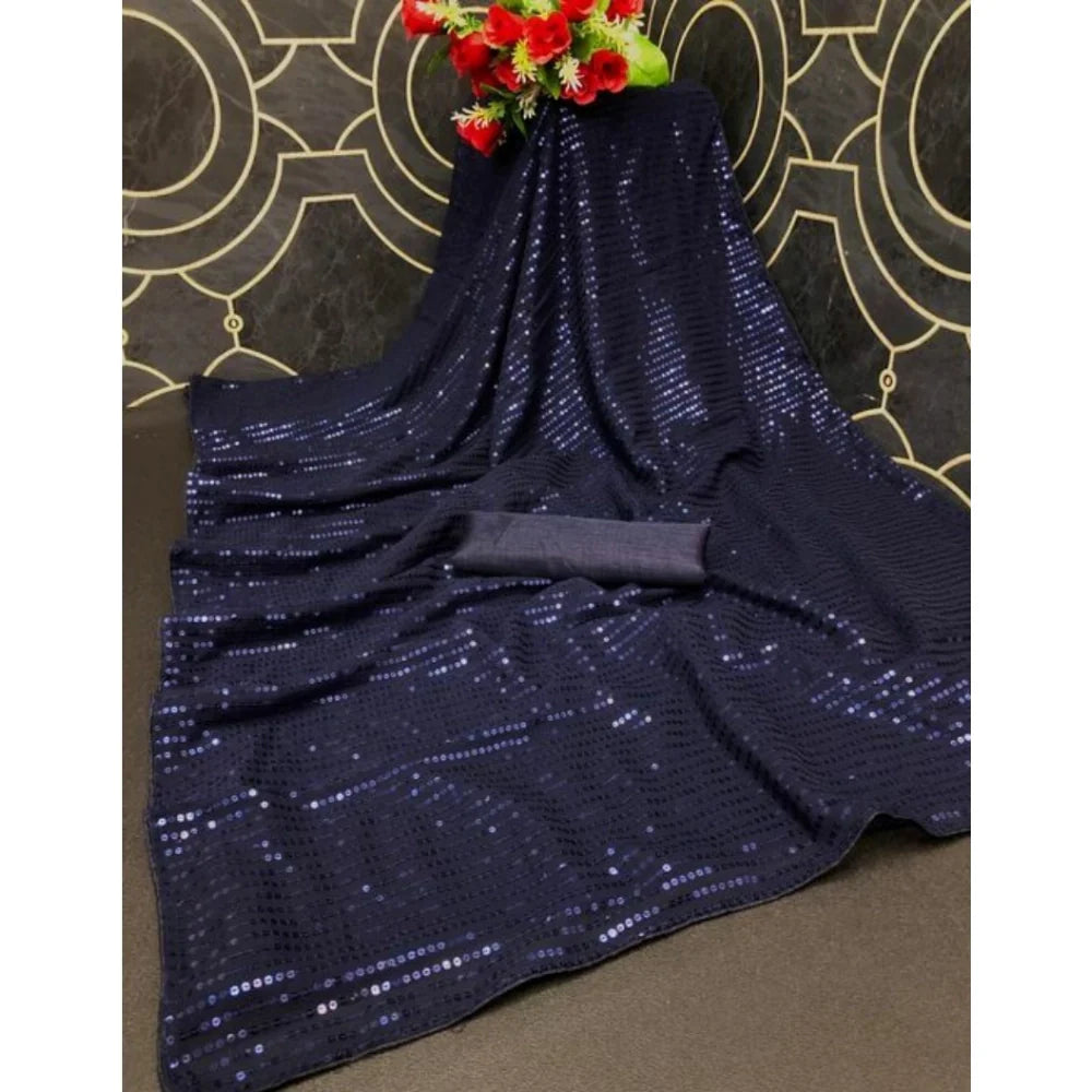 Women's Georgette Embellished Sequnece Bollywood Saree With Unstitched Blouse 5.5Mtr (Blue)