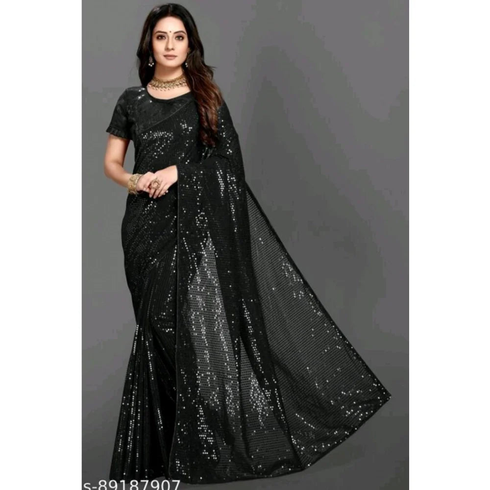 Women's Georgette Embellished Sequnece Bollywood Saree With Unstitched Blouse 5.5Mtr (Black)