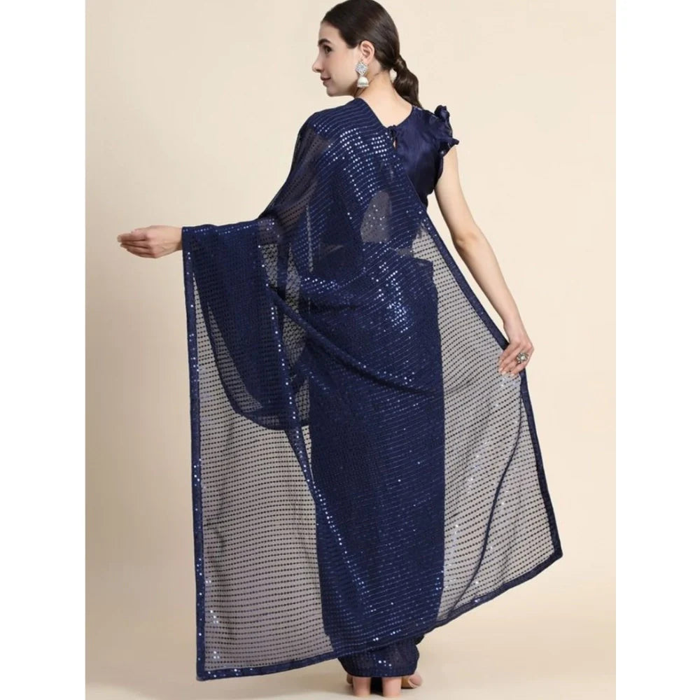 Women's Georgette Embellished Sequnece Bollywood Saree With Unstitched Blouse 5.5Mtr (Blue)