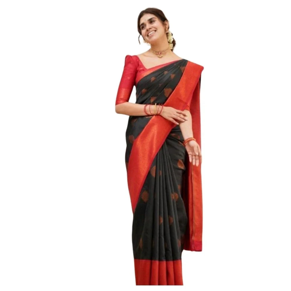 Women's Silk Printed Saree With Unstitched Blouse 5.5Mtr (Black)
