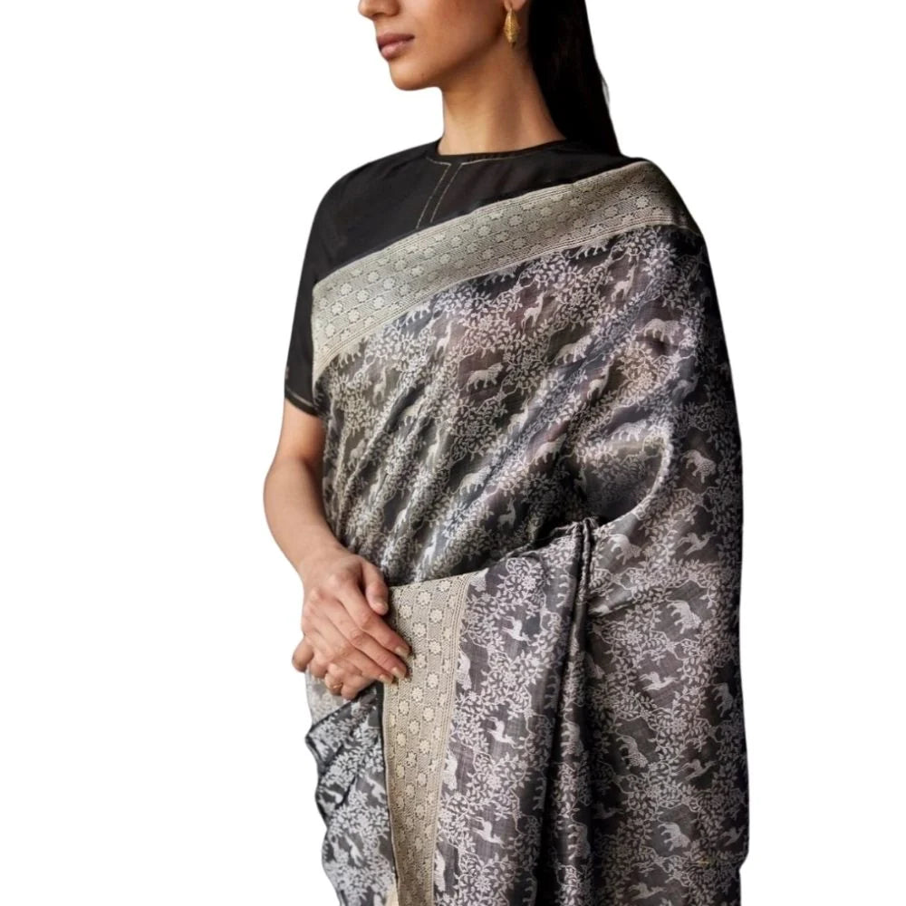 Women's Silk Printed Saree With Unstitched Blouse 5.5Mtr (Grey)