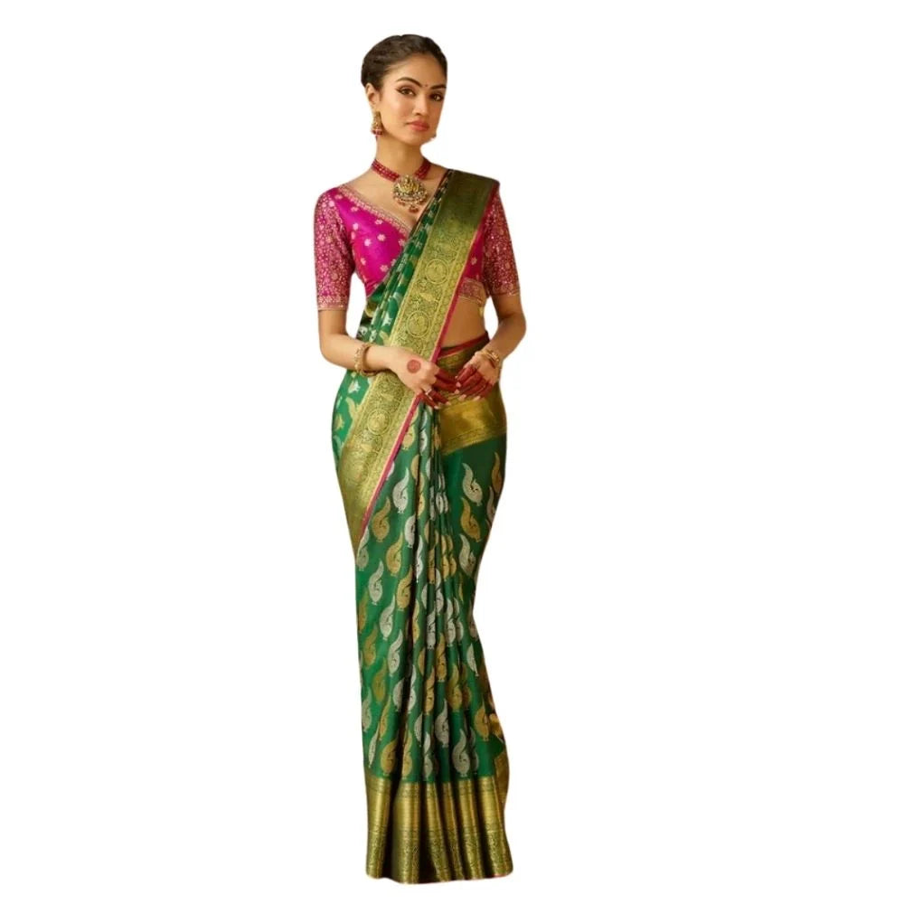 Women's Silk Printed Saree With Unstitched Blouse 5.5Mtr (Green)