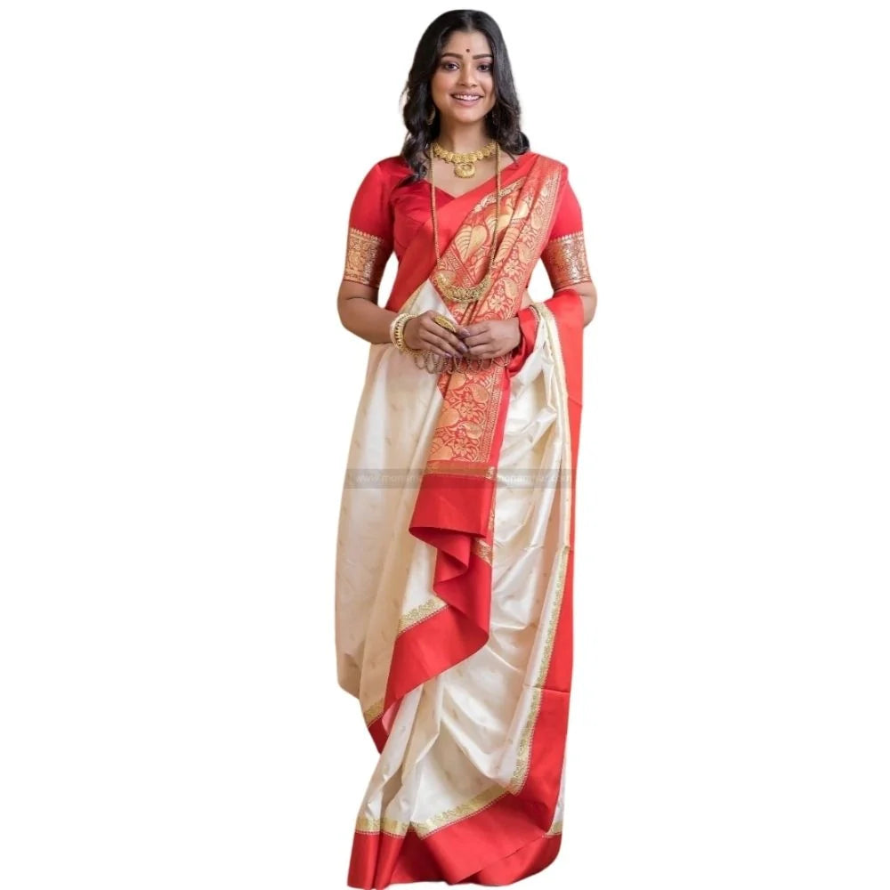 Women's Silk Printed Saree With Unstitched Blouse 5.5Mtr (White-Red)