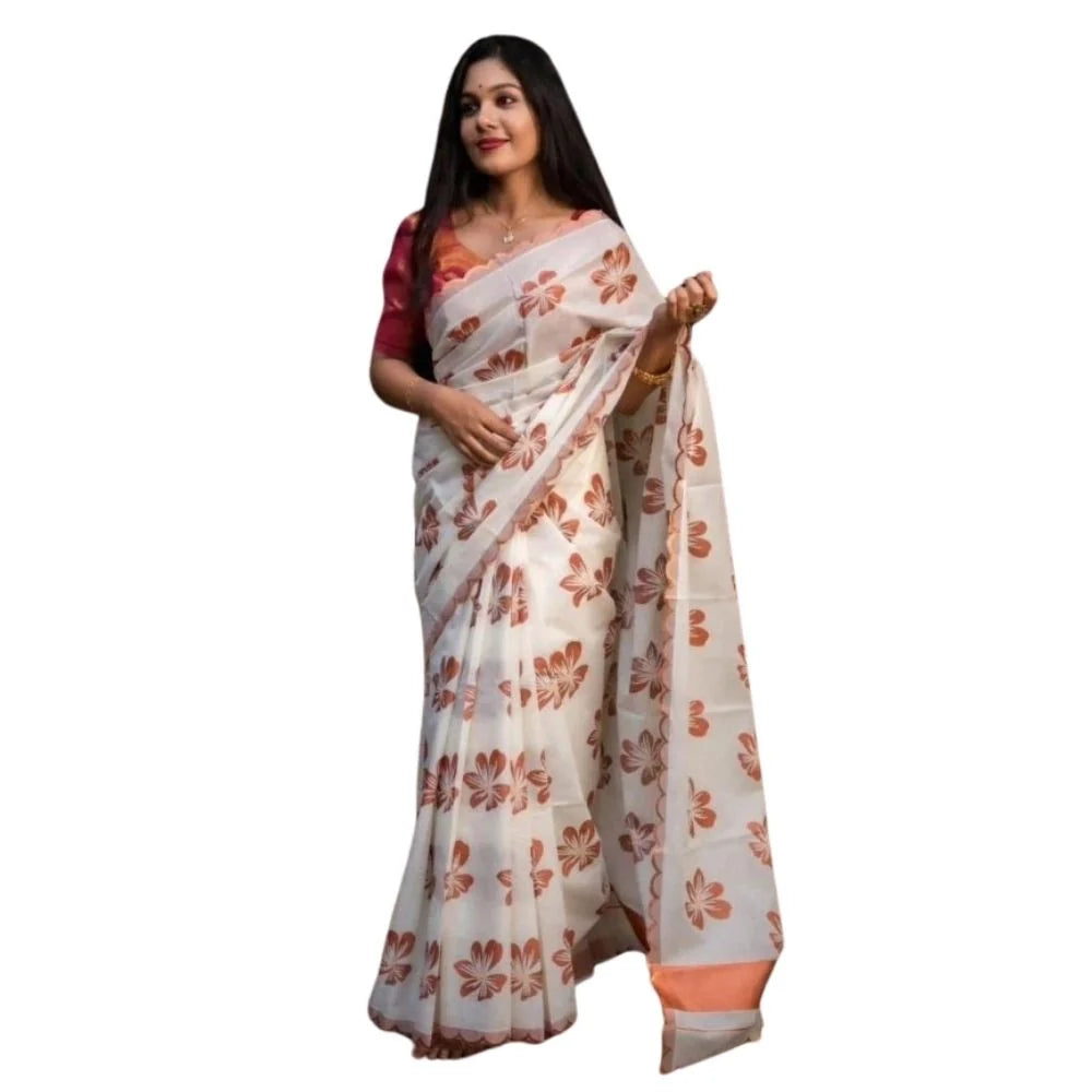 Women's Silk Printed Saree With Unstitched Blouse 5.5Mtr (White-Orange)