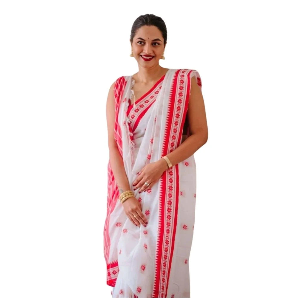 Women's Cotton  Printed Saree With Unstitched Blouse 5.5Mtr (White-Pink)