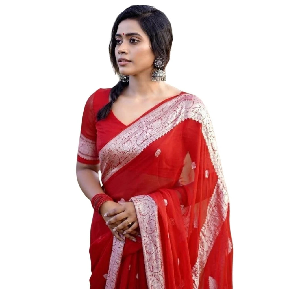 Women's Cotton  Printed Saree With Unstitched Blouse 5.5Mtr (Red)