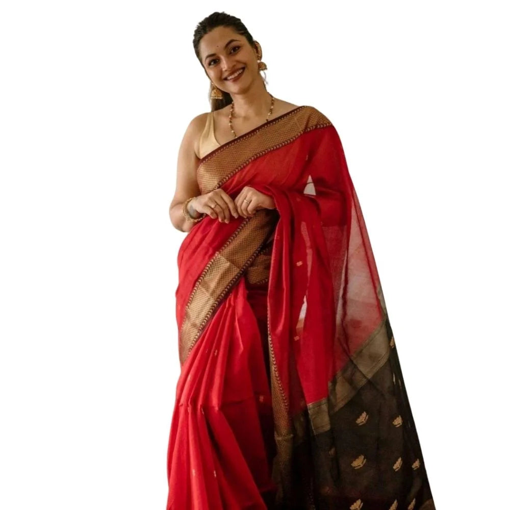 Women's Cotton  Printed Saree With Unstitched Blouse 5.5Mtr (Red)