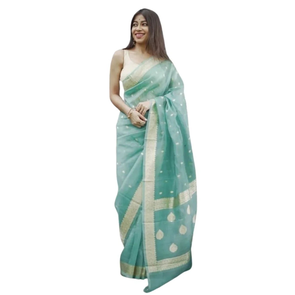 Women's Cotton  Printed Saree With Unstitched Blouse 5.5Mtr (Sky)