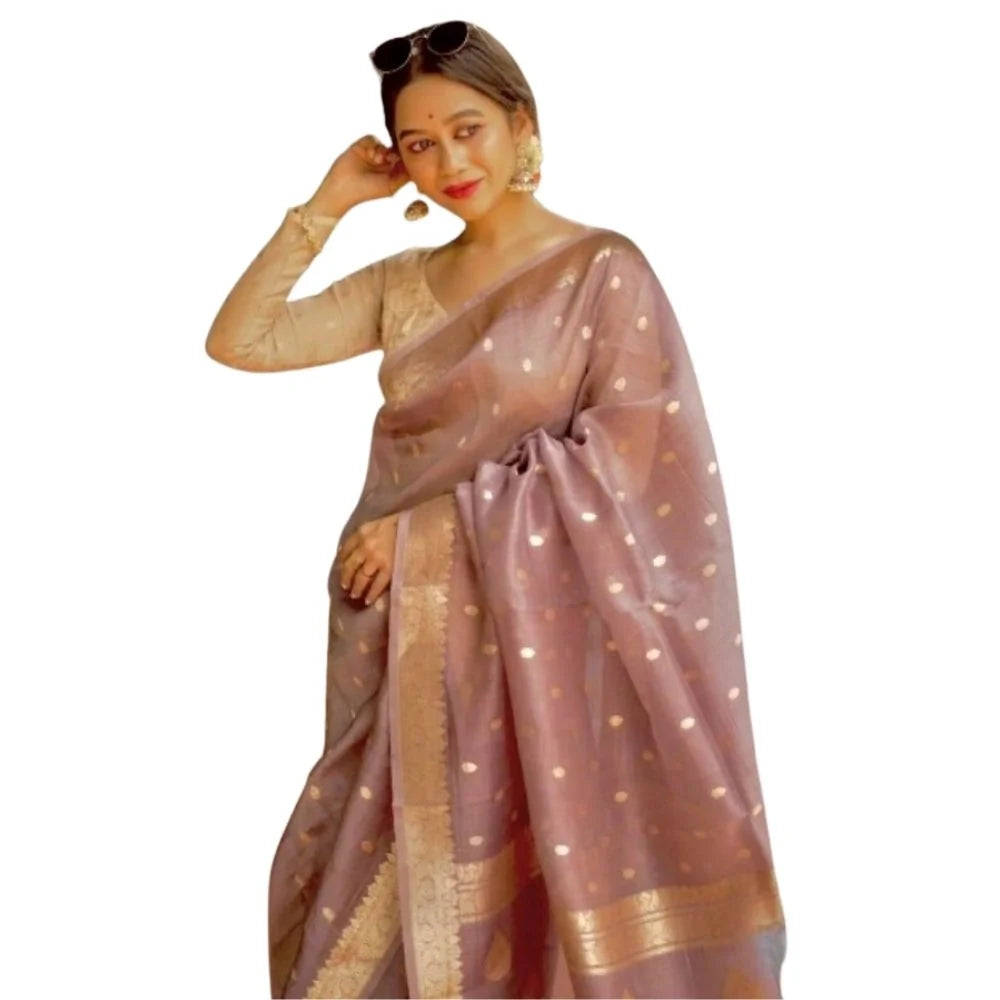 Women's Cotton  Printed Saree With Unstitched Blouse 5.5Mtr (Rose Gold)