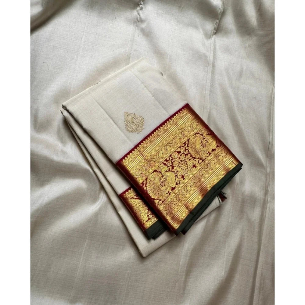 Women's Silk Printed Saree With Unstitched Blouse 5.5Mtr (Off White-Red)