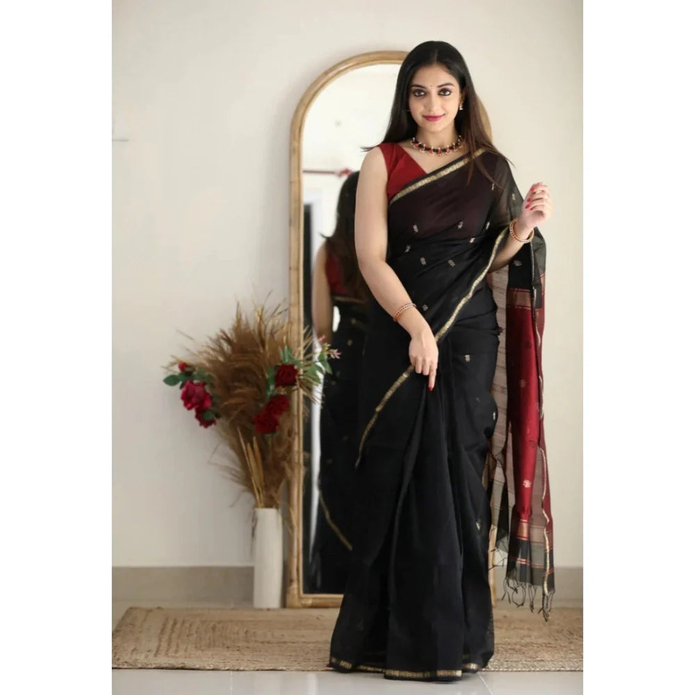 Women's Cotton  Printed Saree With Unstitched Blouse 5.5Mtr (Black)