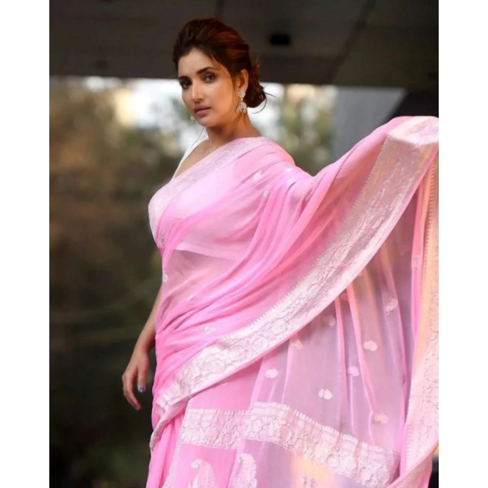 Women's Cotton  Printed Saree With Unstitched Blouse 5.5Mtr (Pink)