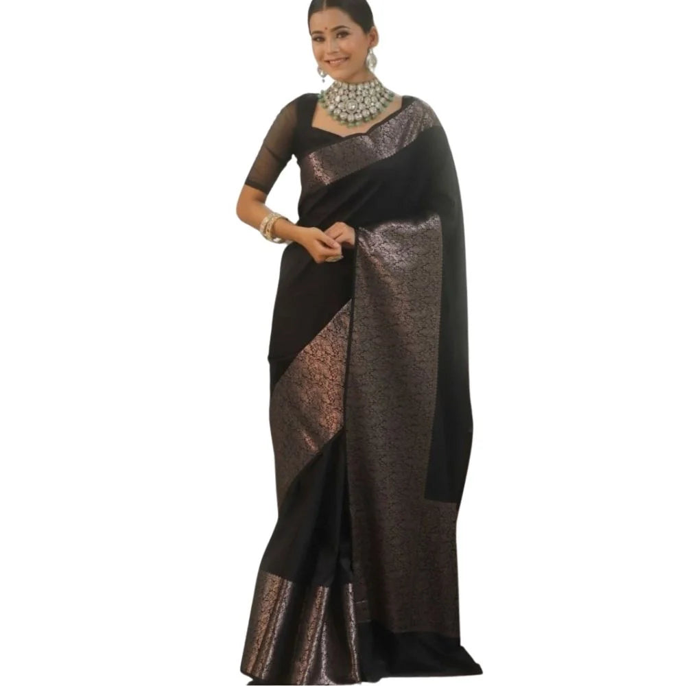 Women's Silk Printed Saree With Unstitched Blouse 5.5Mtr (Black)