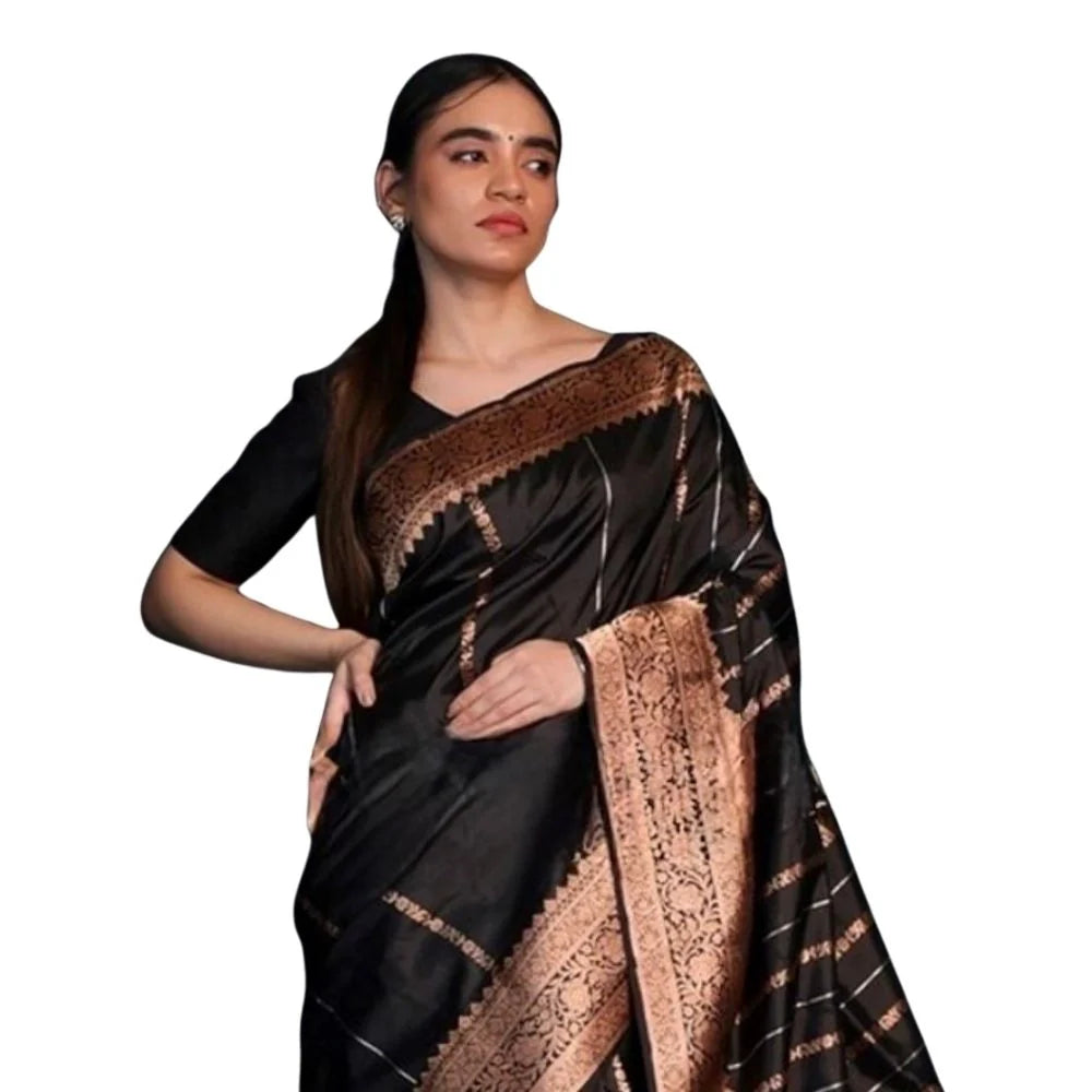 Women's Silk Printed Saree With Unstitched Blouse 5.5Mtr (Black)