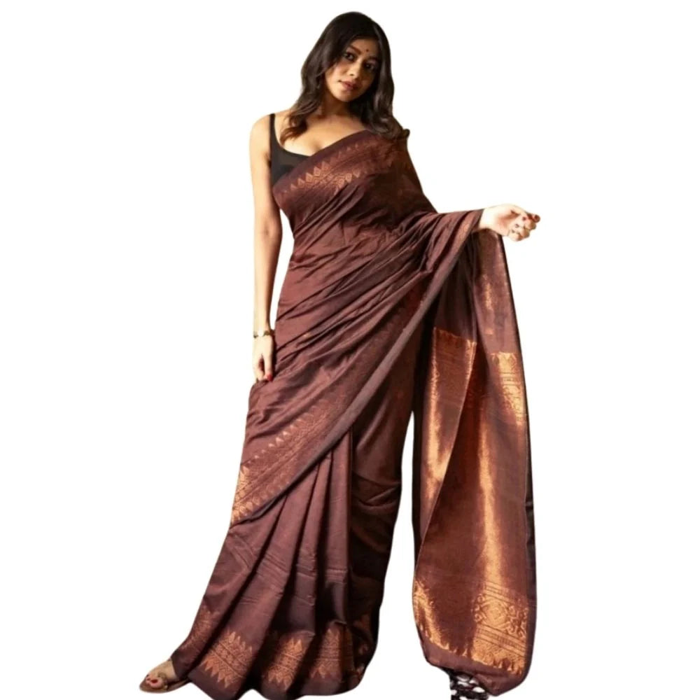 Women's Silk Printed Saree With Unstitched Blouse 5.5Mtr (Coffee)