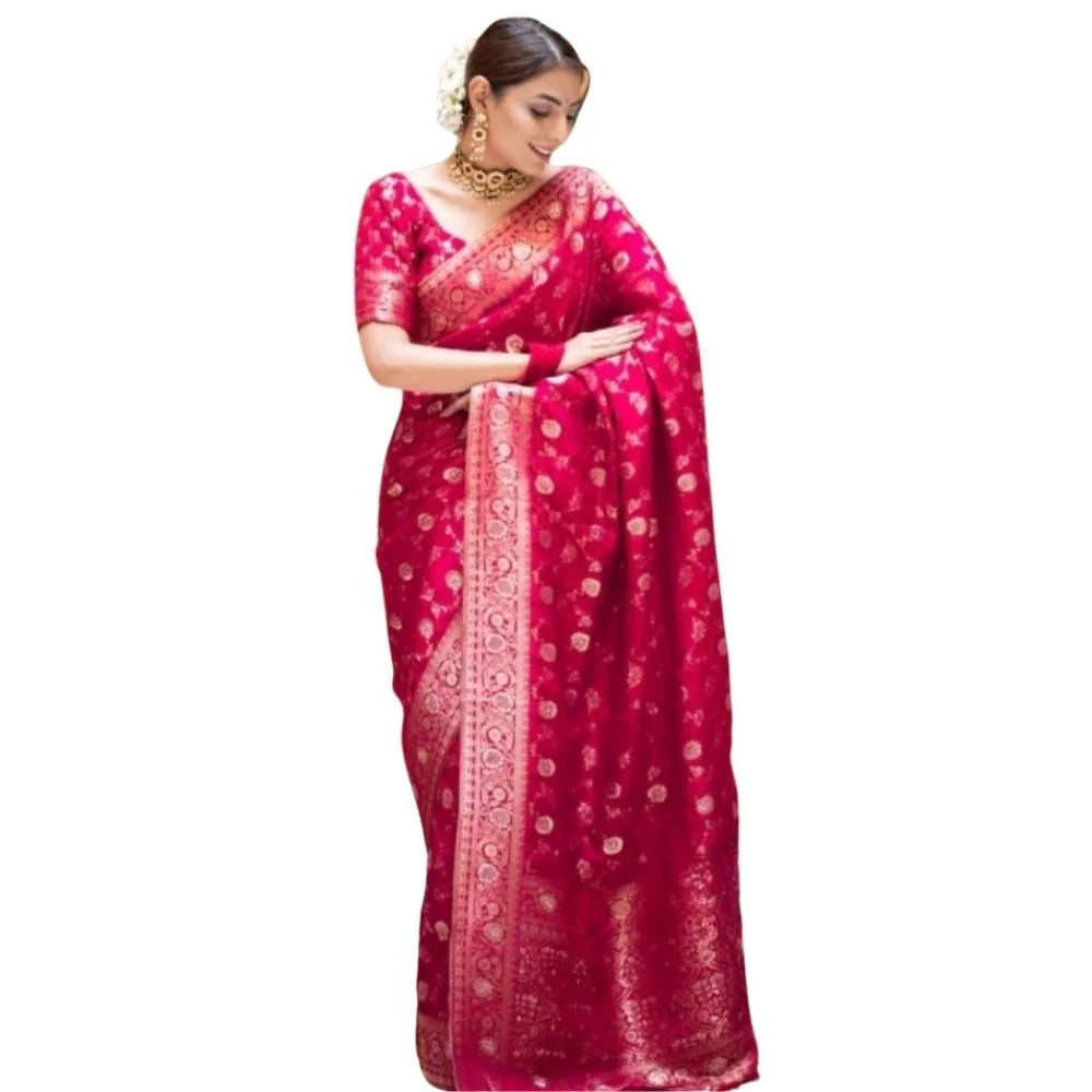 Women's Silk Printed Saree With Unstitched Blouse 5.5Mtr (Rani Pink)