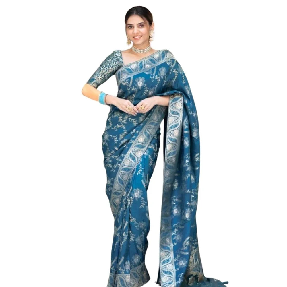 Women's Silk Printed Saree With Unstitched Blouse 5.5Mtr (Teal Blue)