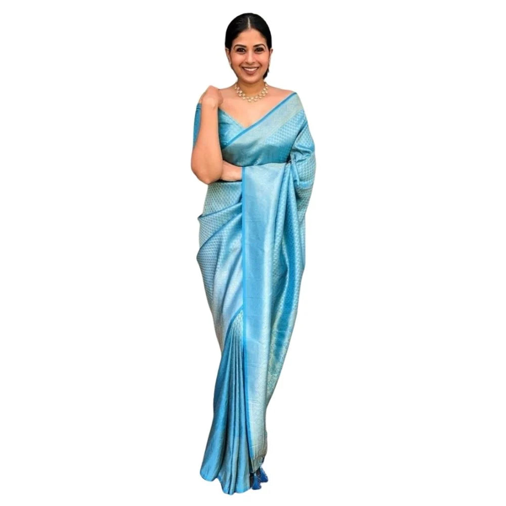 Women's Silk Printed Saree With Unstitched Blouse 5.5Mtr (Sky Blue)