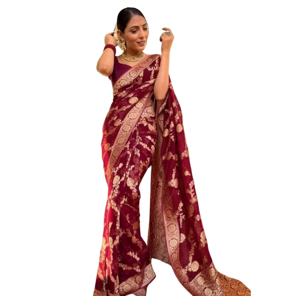 Women's Silk Printed Saree With Unstitched Blouse 5.5Mtr (Maroon)