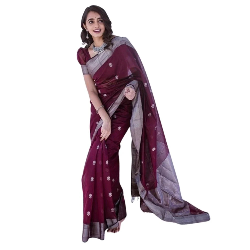 Women's Cotton  Printed Saree With Unstitched Blouse 5.5Mtr (Maroon)