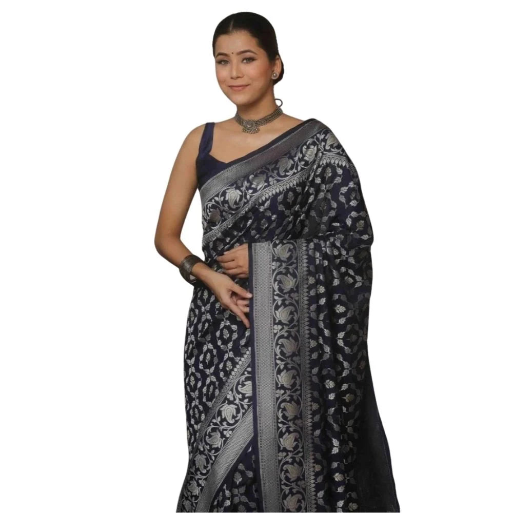 Women's Silk Printed Saree With Unstitched Blouse 5.5Mtr (Navy Blue)