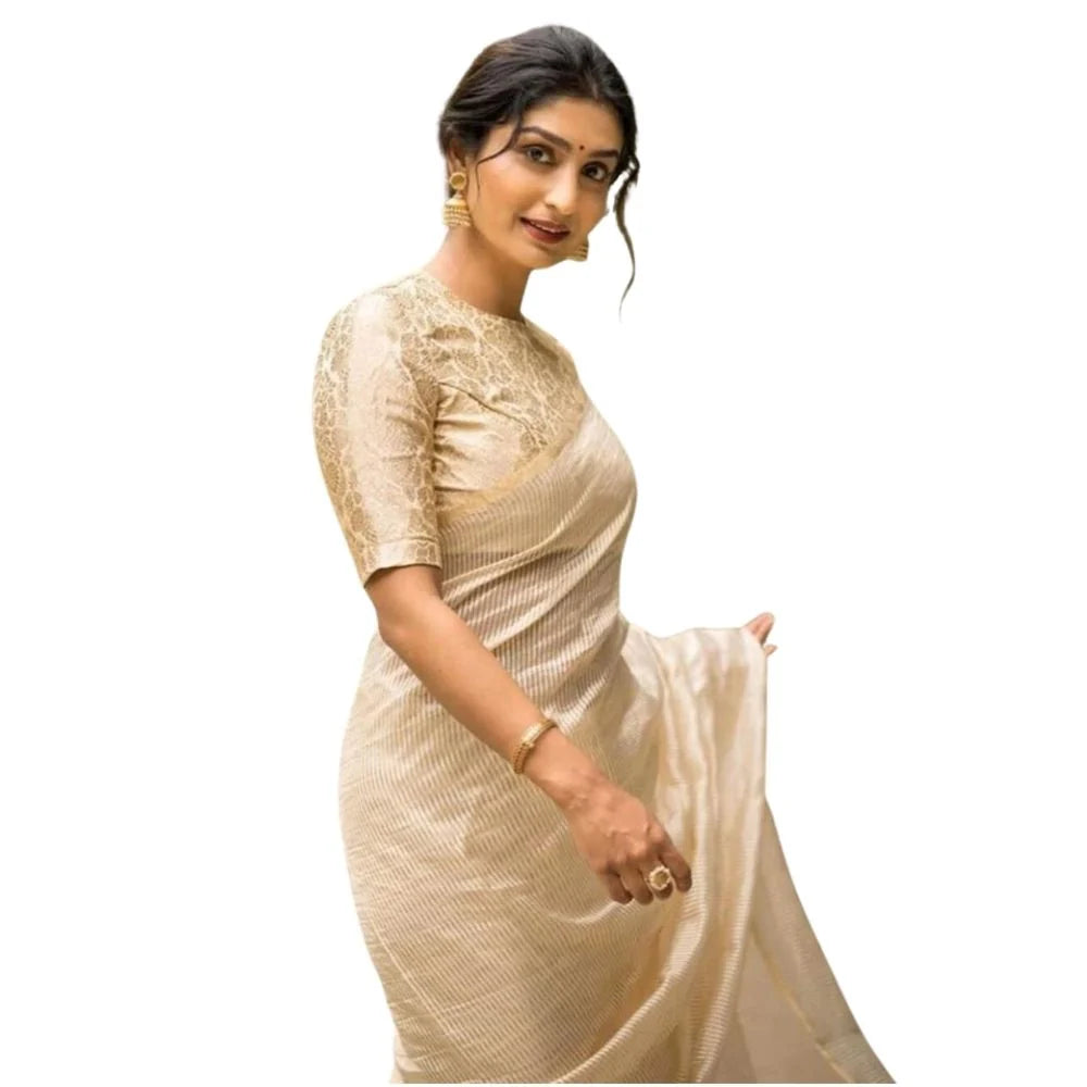 Women's Silk Printed Saree With Unstitched Blouse 5.5Mtr (Off White)