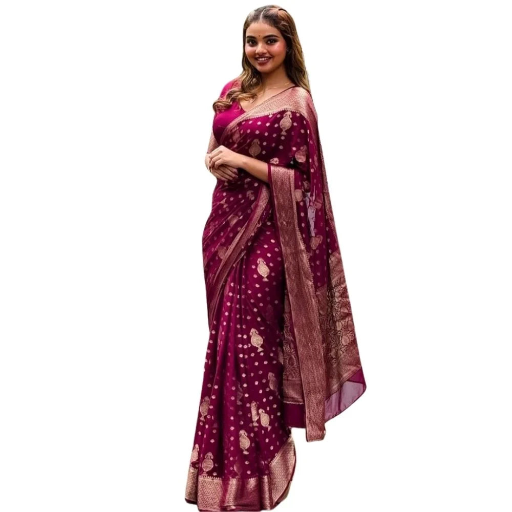 Women's Silk Printed Saree With Unstitched Blouse 5.5Mtr (Wine)