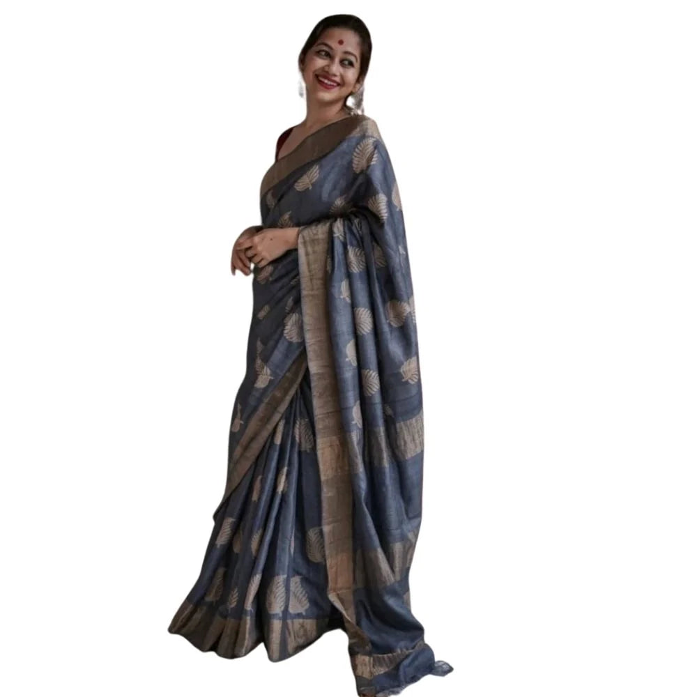 Women's Silk Printed Saree With Unstitched Blouse 5.5Mtr (Grey)