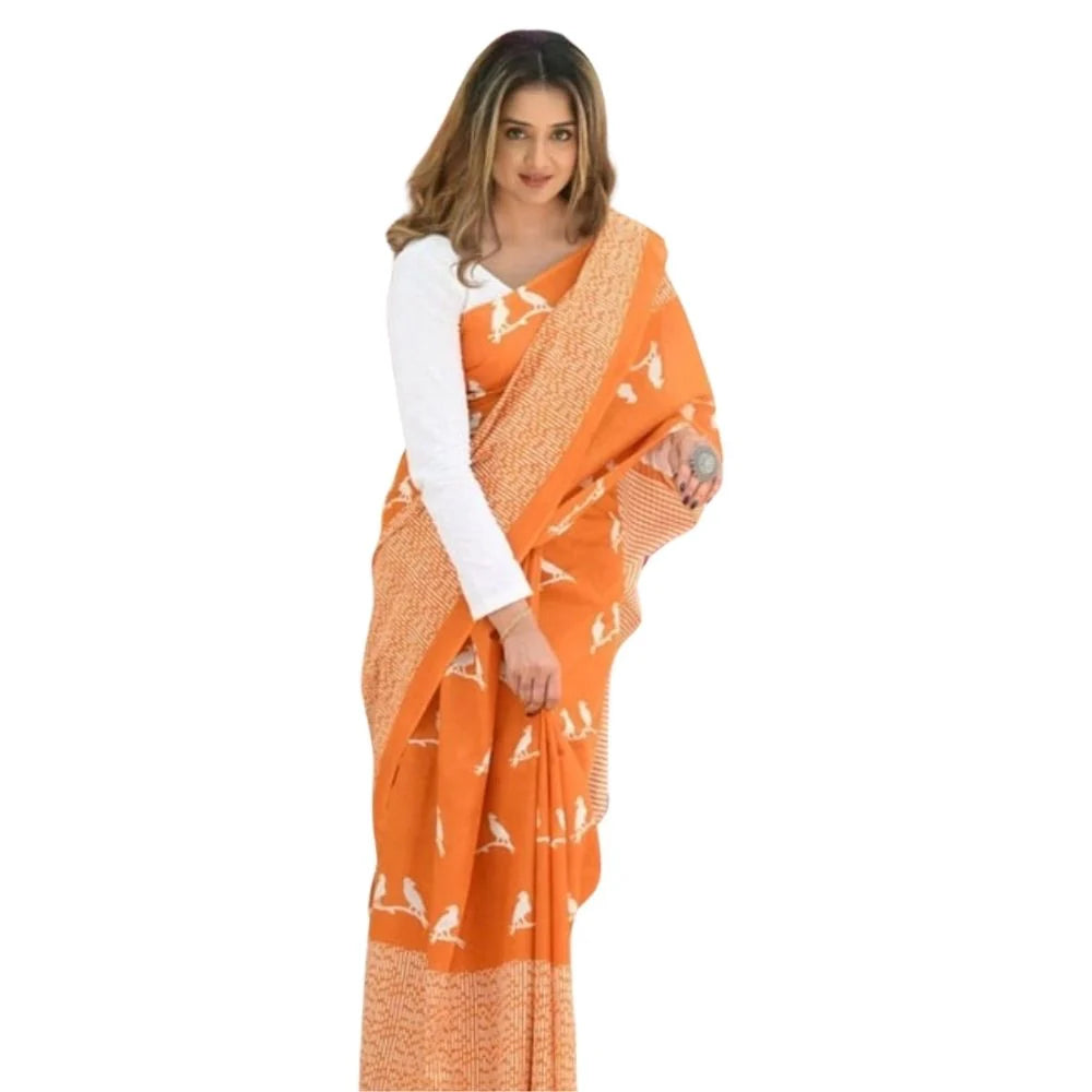 Women's Silk Printed Saree With Unstitched Blouse 5.5Mtr (Orange)