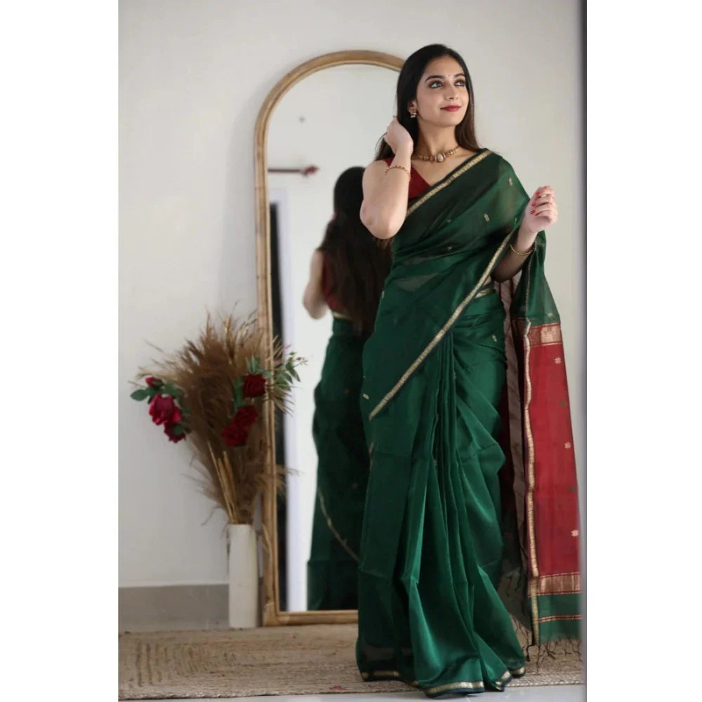 Women's Cotton  Printed Saree With Unstitched Blouse 5.5Mtr (Dark Green)