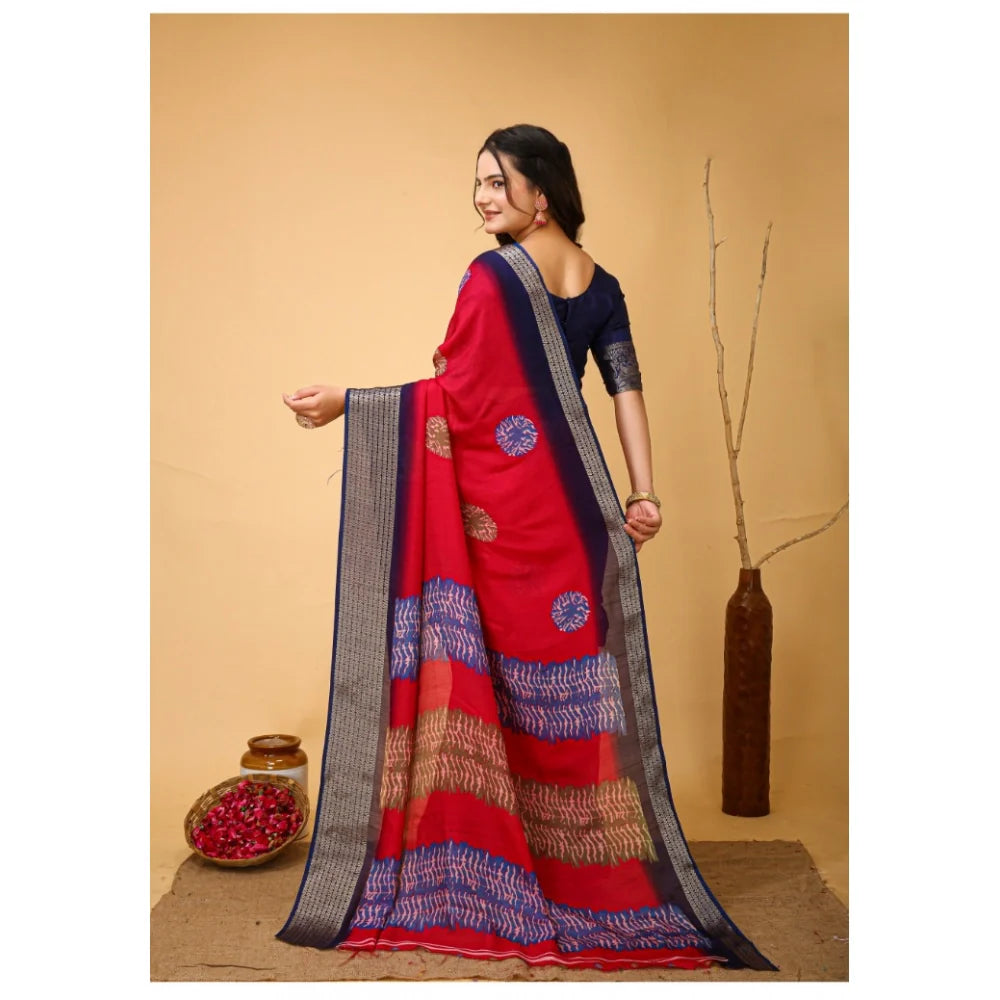 Women's Soft Blooming Marshmallow Fabric Kalamkari Printed Saree With Unstitched Blouse 5.5Mtr (Red)