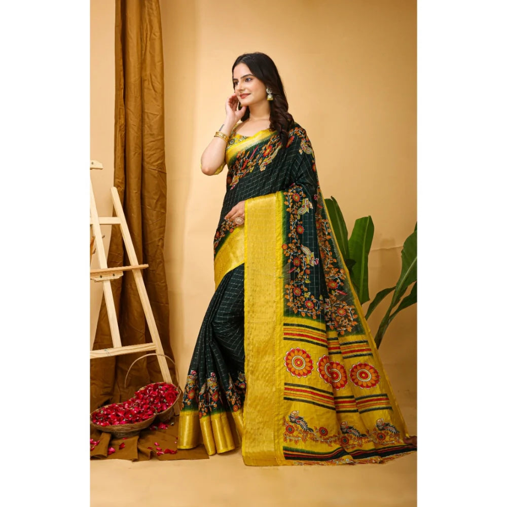 Women's Soft Dola Cotton Kalamkari Printed Saree With Unstitched Blouse 5.5Mtr (Green)